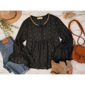 Altar'd State XL Black Gold Foil Beaded Neck Tiered Bell Sleeve Boho Blouse